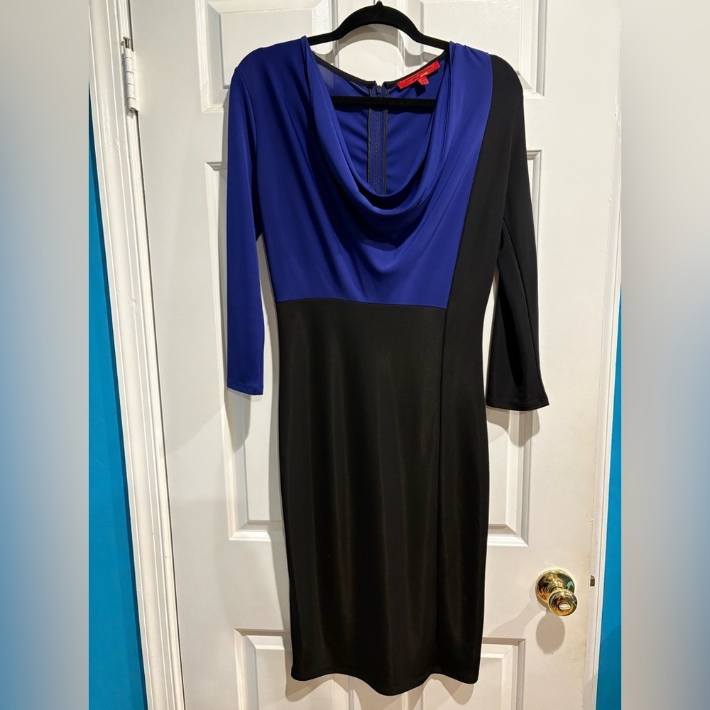 Narciso Rodriguez for Design Nation blue  black color block sheath dress cowl S